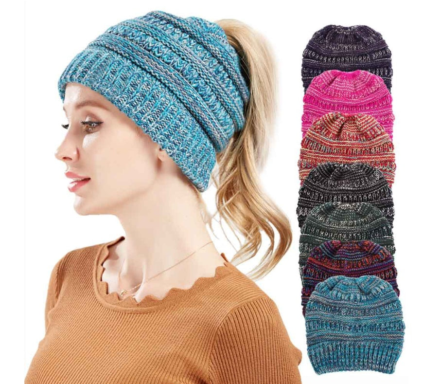 Mixed Color Knitted Wool Beanie - Ladies Ponytail Hat