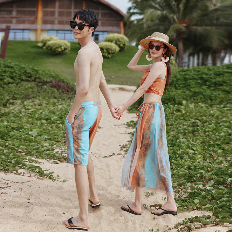 Couple Swimwear Women's Summer Bikini Three-piece Set Gathered Cover Belly Thin
