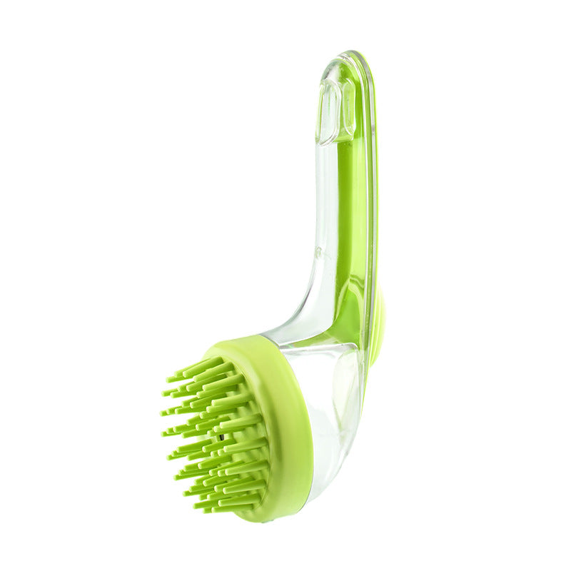 Long-handle pet bath brush with green bristle head and clear curved handle