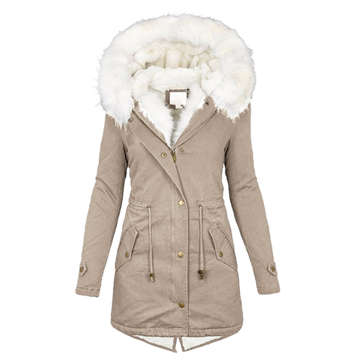 Women’s cotton padded parka, light beige with white faux-fur hood collar and button front.