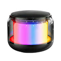 Black Bluetooth speaker with colorful LED panel lighting and clear outer shell