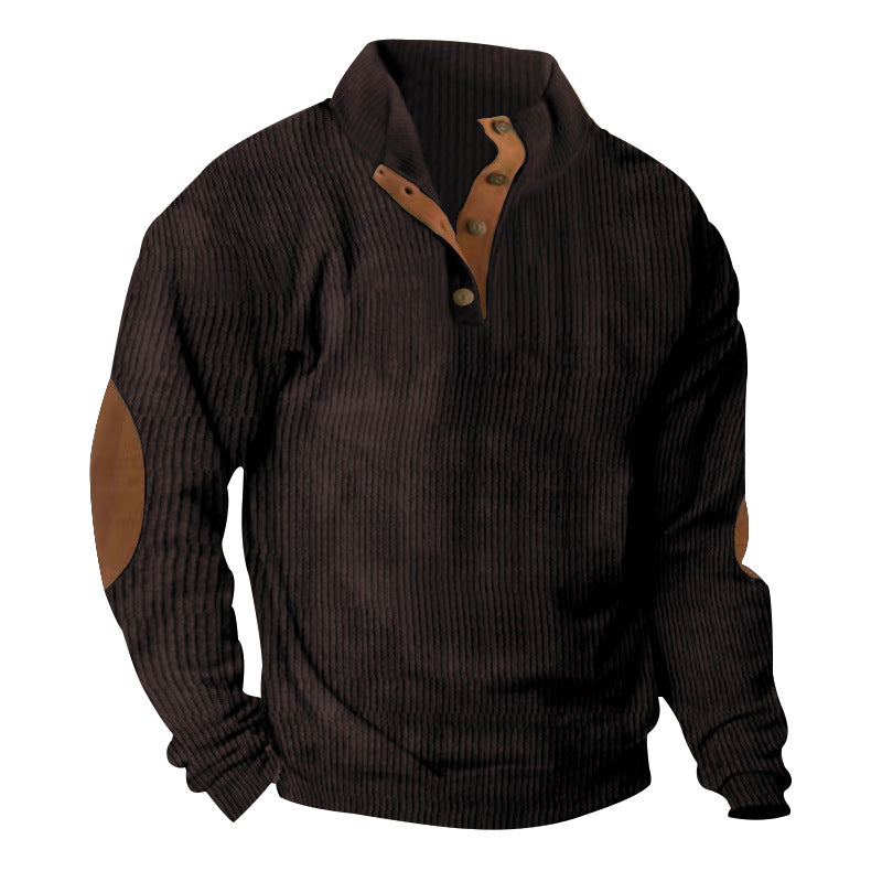 Dark brown corduroy stand-collar pullover sweater with snap placket and long sleeves