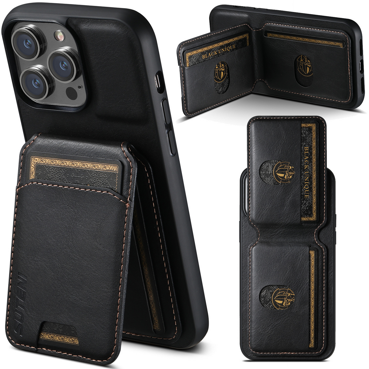 Black leather phone case, flip wallet open showing card slots and logo
