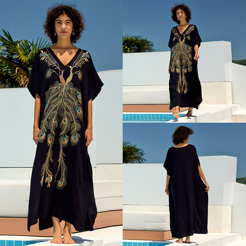 Outerwear Cover-up Rayon Embroidery Plus Size Long Dress Women