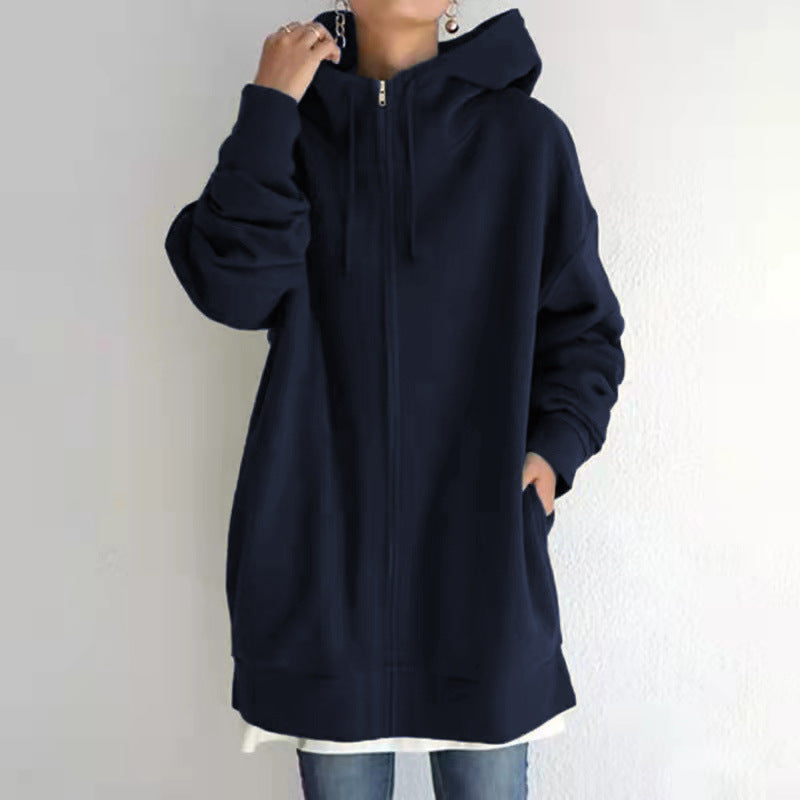 Women’s oversized hooded zip coat in navy, long sleeves and front zipper