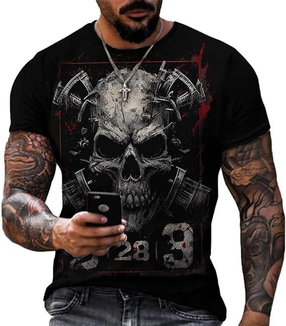 Printed Men's Short Sleeve Skull Head Round Neck T-shirt Hot Selling Short Sleeve