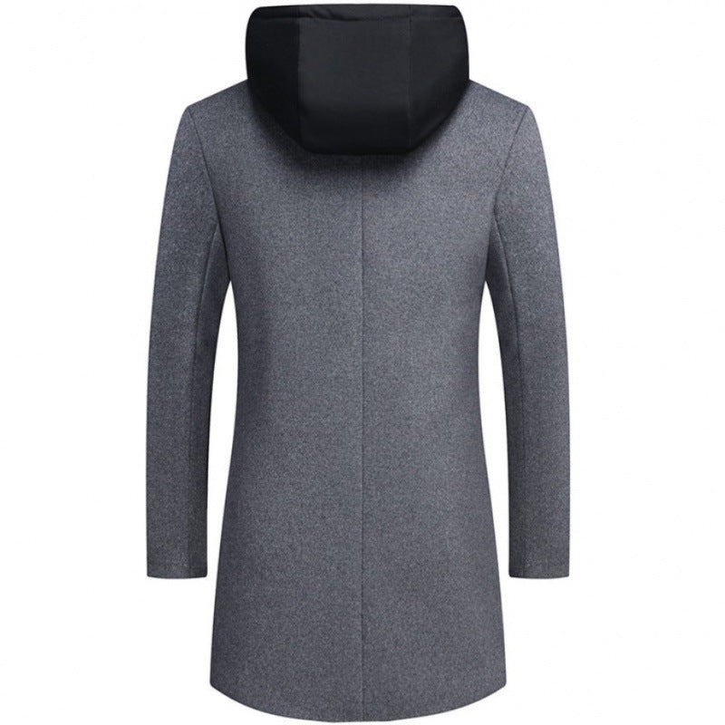 Men's Casual Woolen Coat Mid-length Detachable Hat Jacket