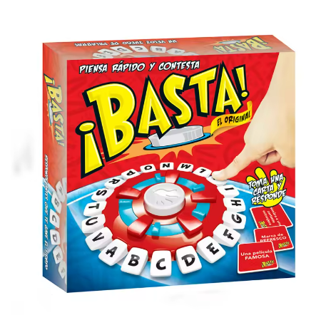 Spanish word game box front with letter tiles and spinner graphic