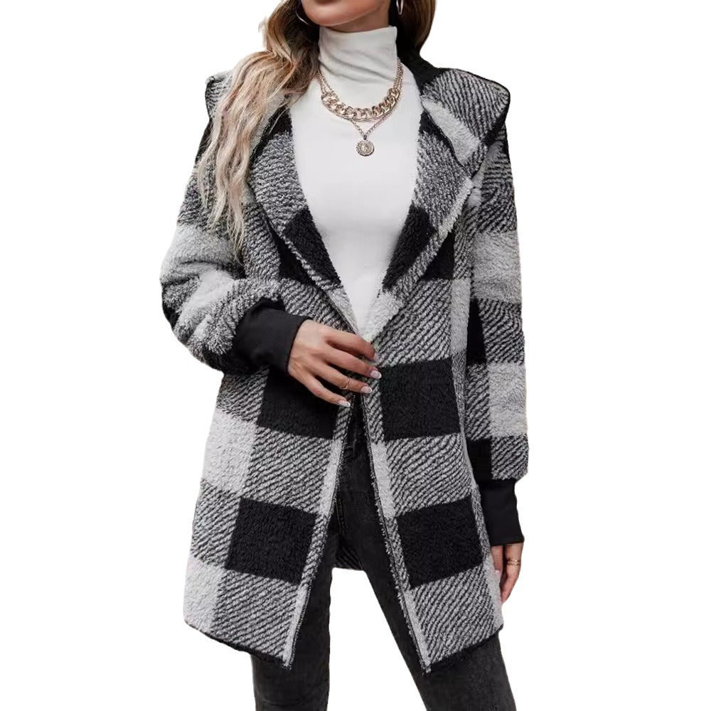 Black and light gray plaid knitted cardigan with open front and long sleeves