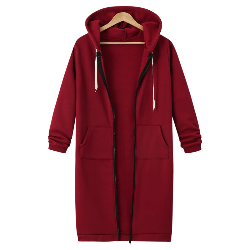 Wine red hooded long-sleeve fleece jacket with full zipper and drawstring hood