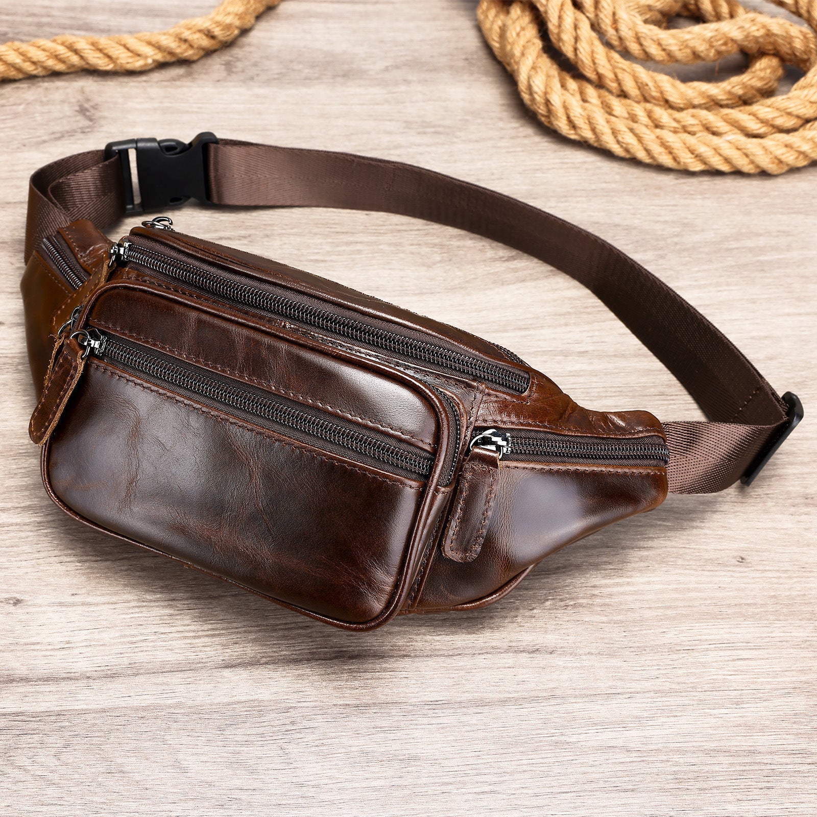 Retro Casual Mens Genuine Leather Belt Bag First Layer Cowhide Wear Resistant Belt Pouch