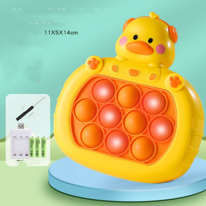 Yellow duck press-and-play bubble pop toy console with orange pop circles