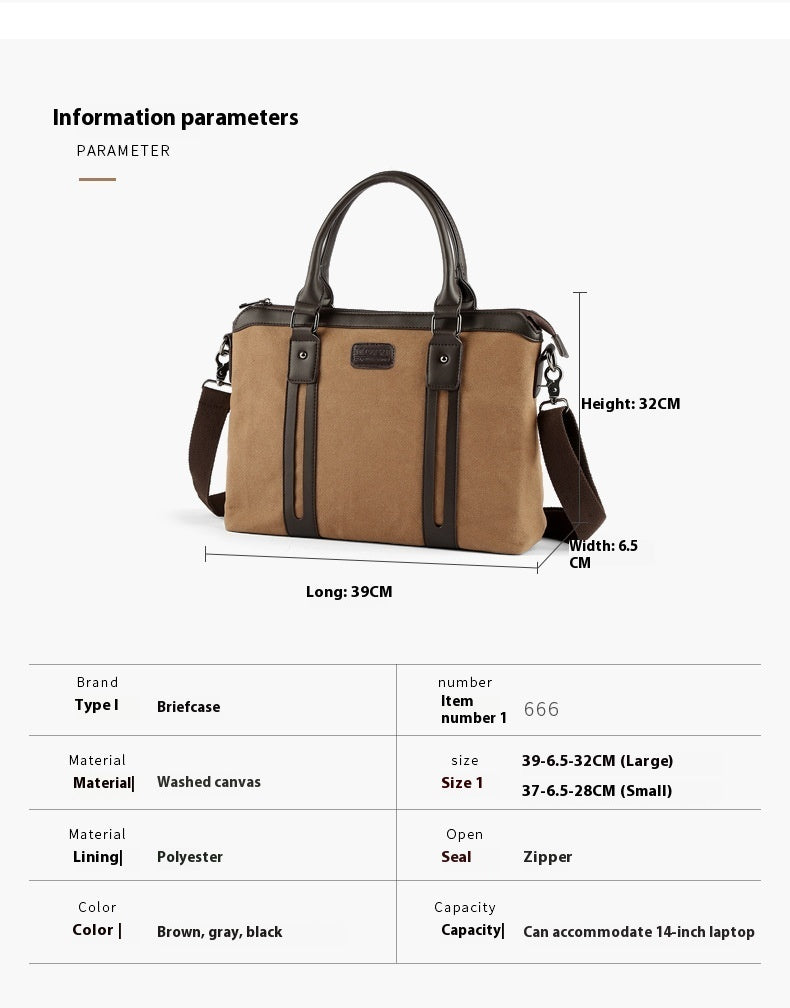 Canvas Shoulder Messenger Bag For Men Black Business Briefcase With Soft Handle And Polyester Lining