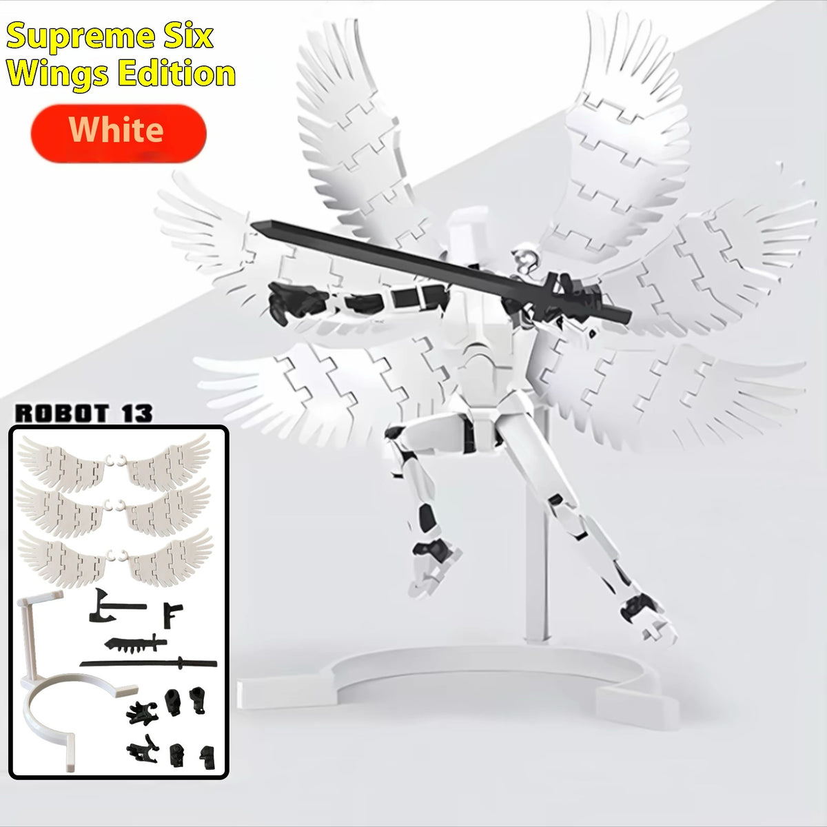 White 3D printed robot action figure with large dual wing arrays on a stand