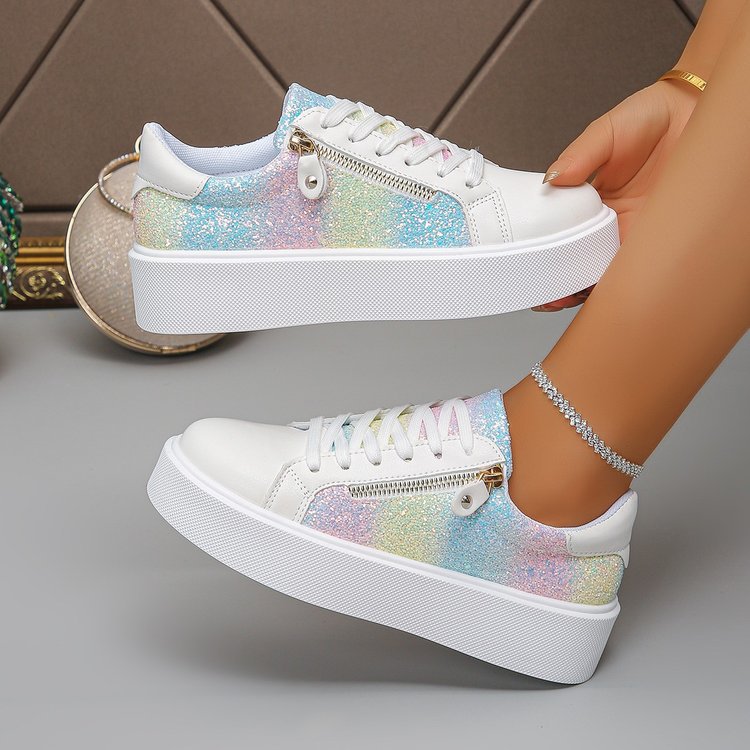 White lace-up platform sneakers with pastel glitter side panel and gold zipper
