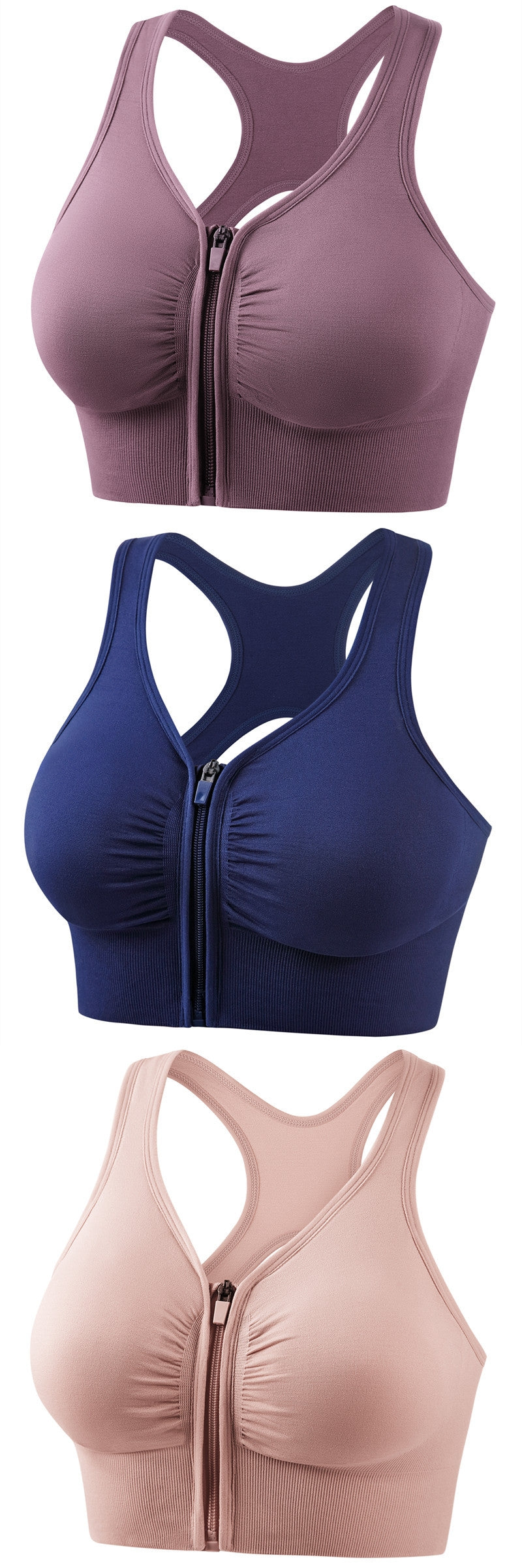 Women's full-cup zip-front sports bras in mauve, navy, and blush pink