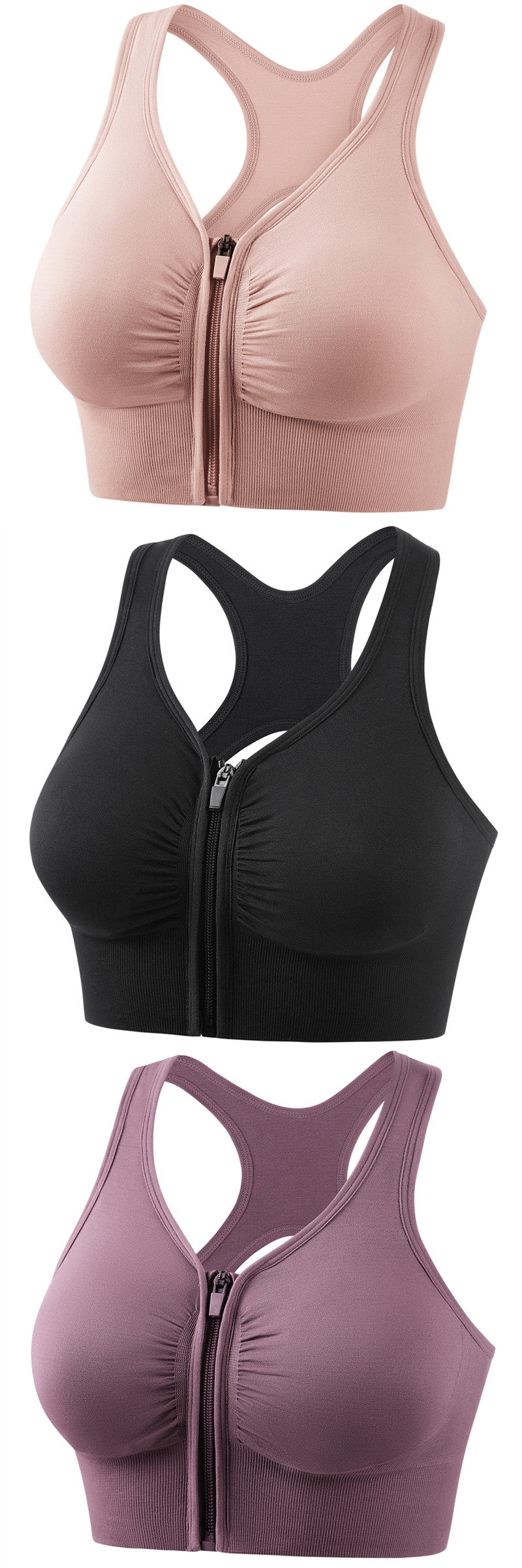 Set of three zip-front full-cup shockproof sports bras in pink, black, and purple