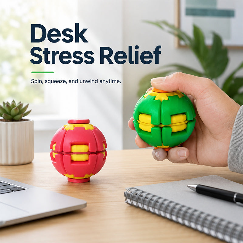 Red and yellow 3D printed spinning fidget ball held in a hand