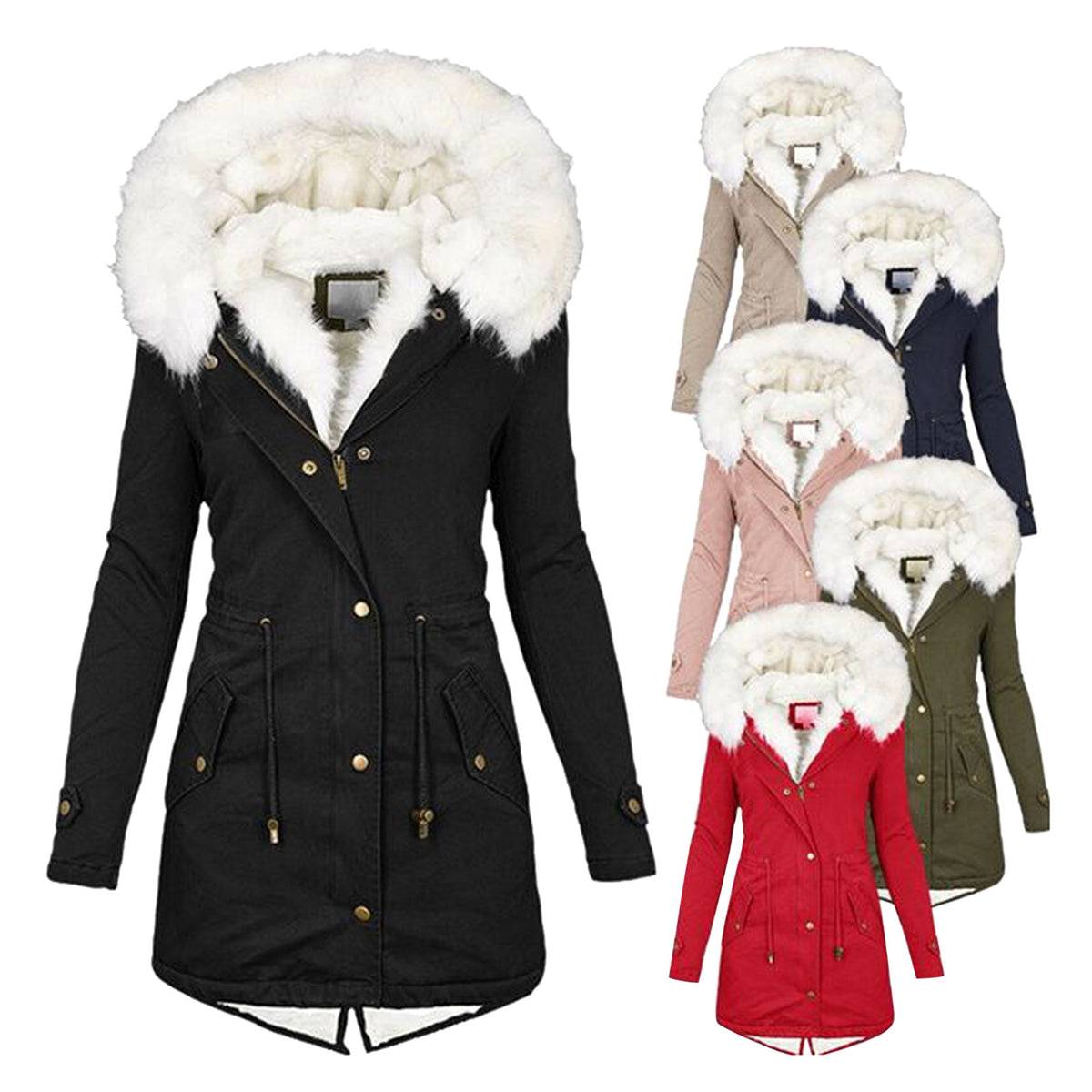 Women’s cotton padded parka, black with white faux-fur hood collar, gold button front.