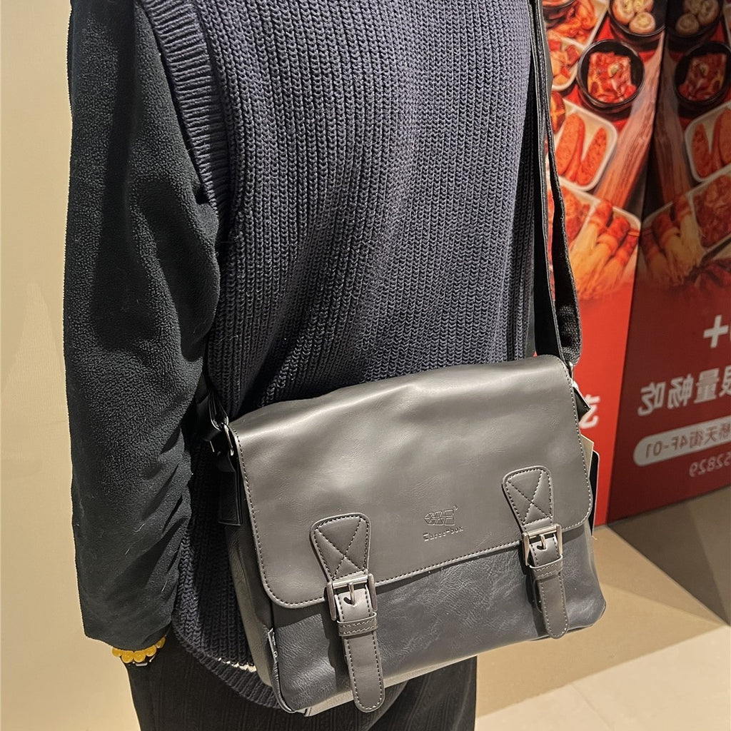 Retro Mens Japanese And Korean Casual Simple Shoulder Fashion Messenger Bag PU Leather Travel Everyday Use