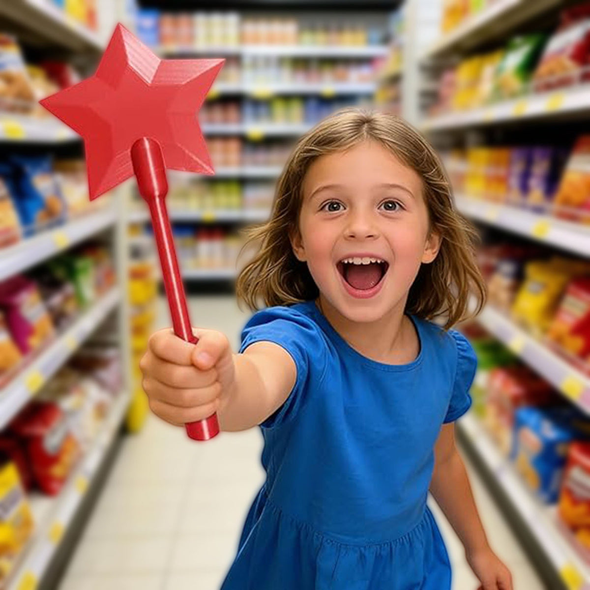 Red star-tipped tap-to-pay wand held by a child