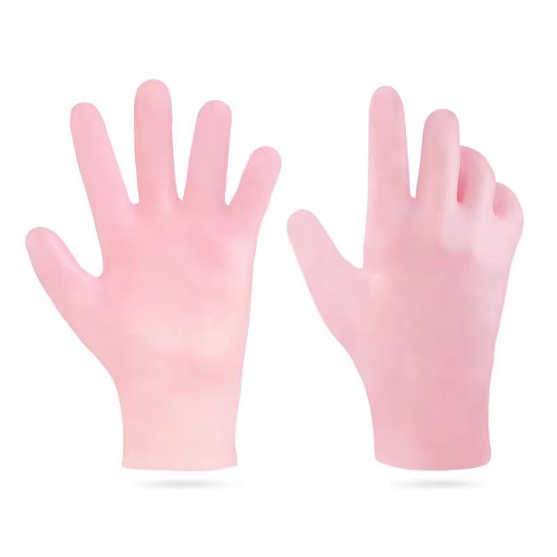 Pair of pink silicone moisturizing hand gloves, five-finger design