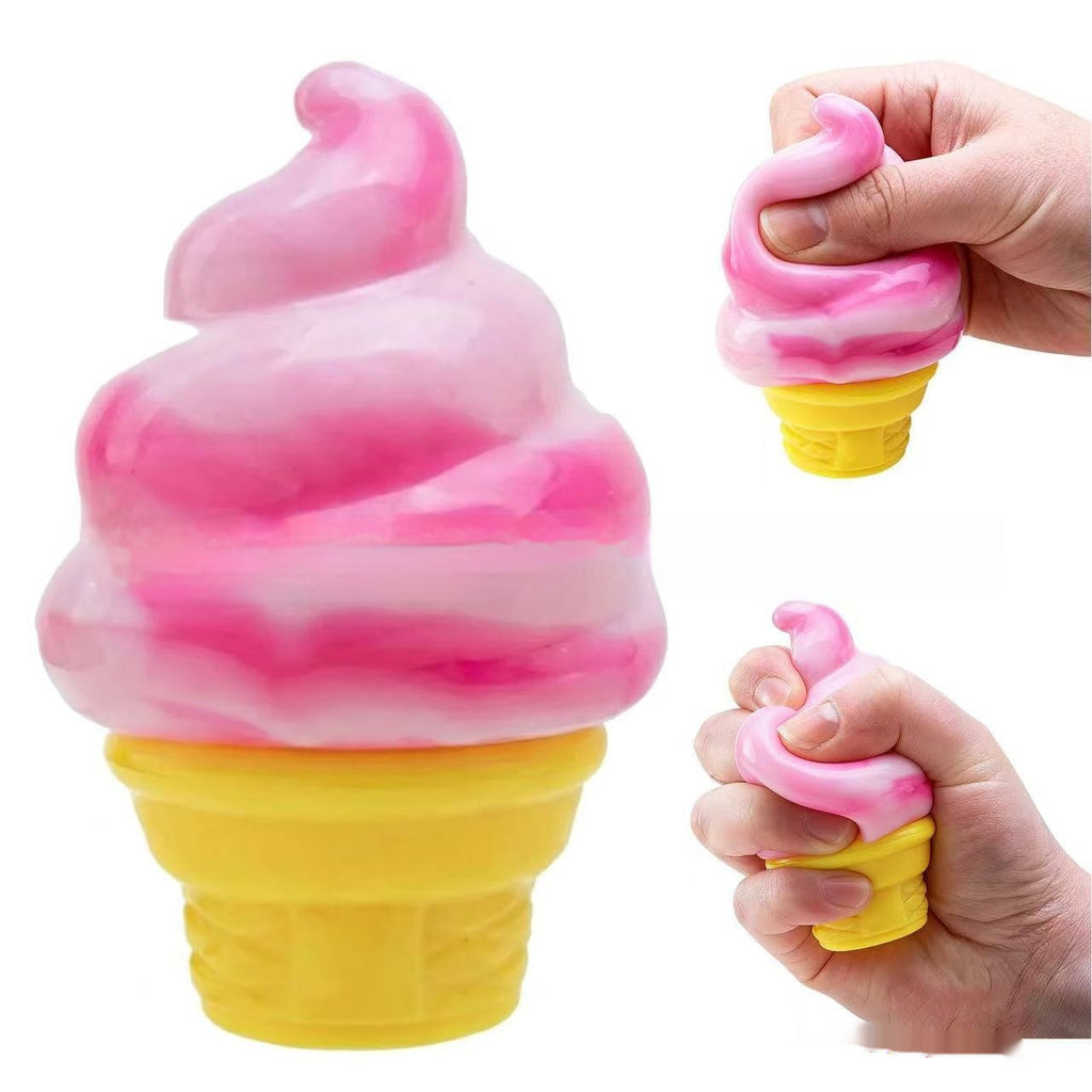 Pink ice cream-shaped stress toy with yellow cone, hand squeezing the top