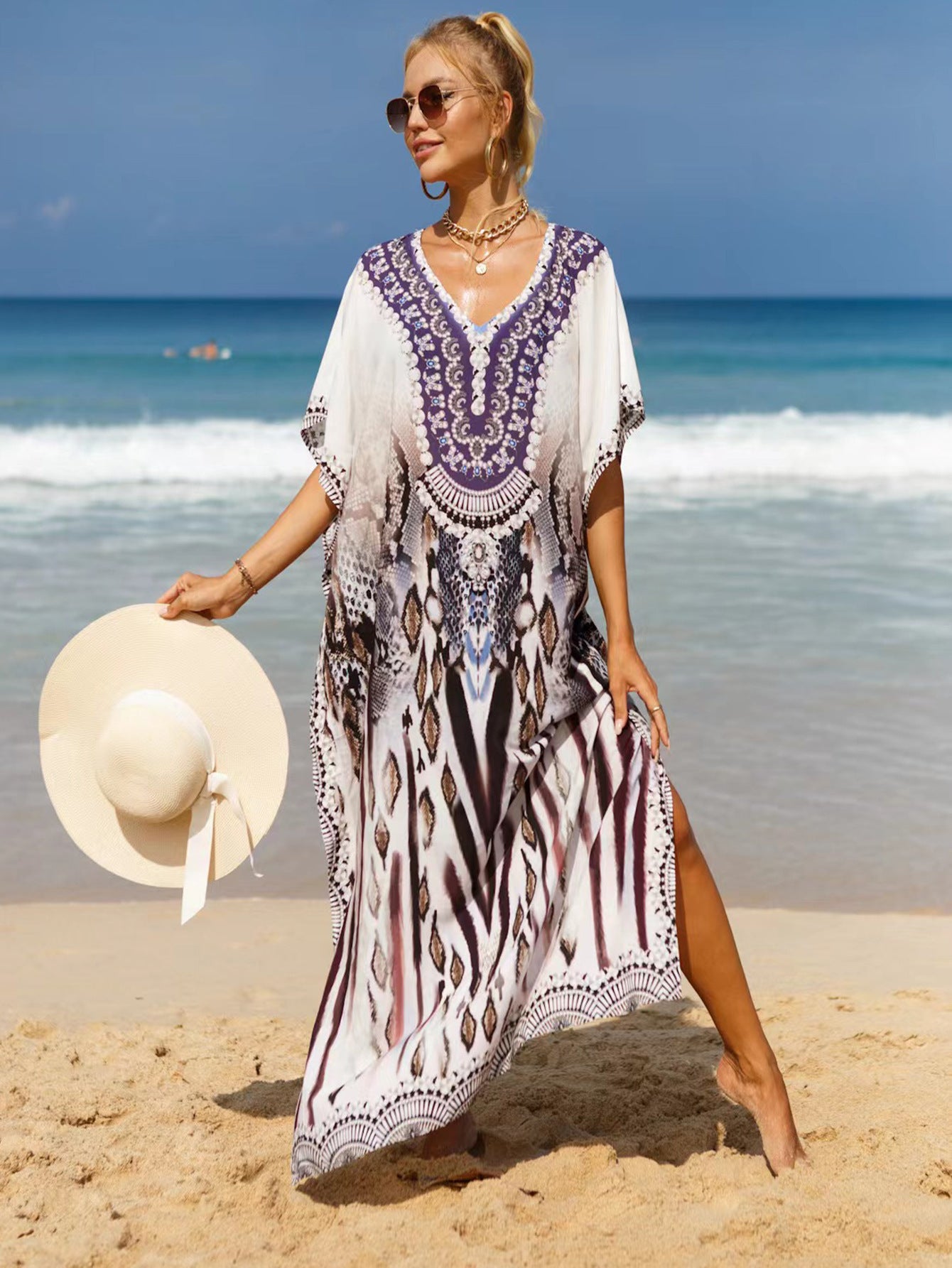 Bohemian Beach Cover Up Dress For Women - Flowy Long Maxi Dress, Lightweight Cotton Blend, Plus Size Available