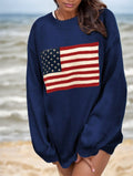 Navy drop-shoulder long-sleeve top with crew neck and USA flag patch