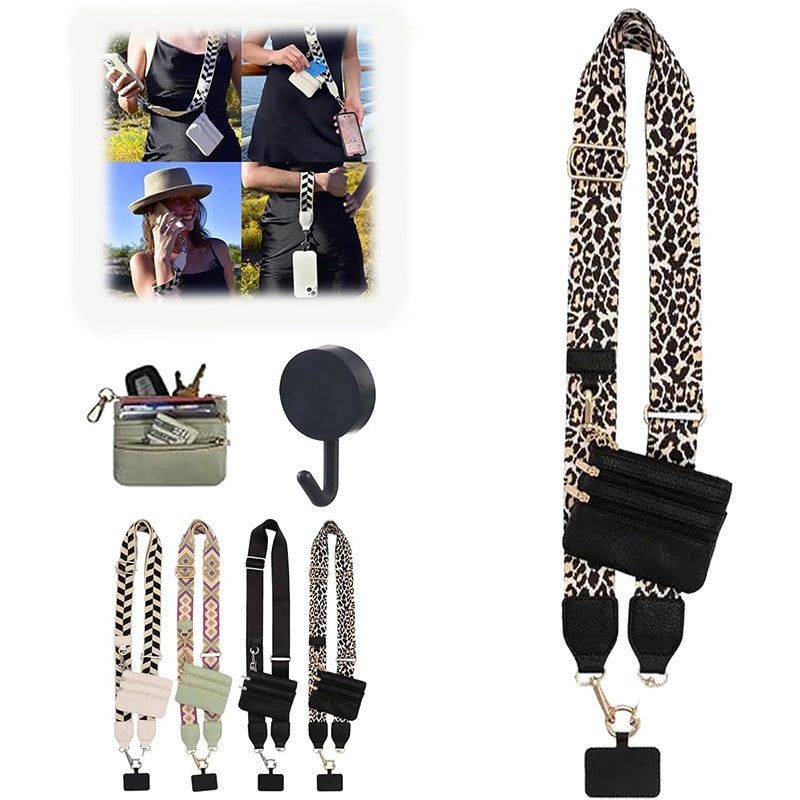 Phone crossbody lanyard with leopard-pattern strap and black zipper pouch, phone pocket