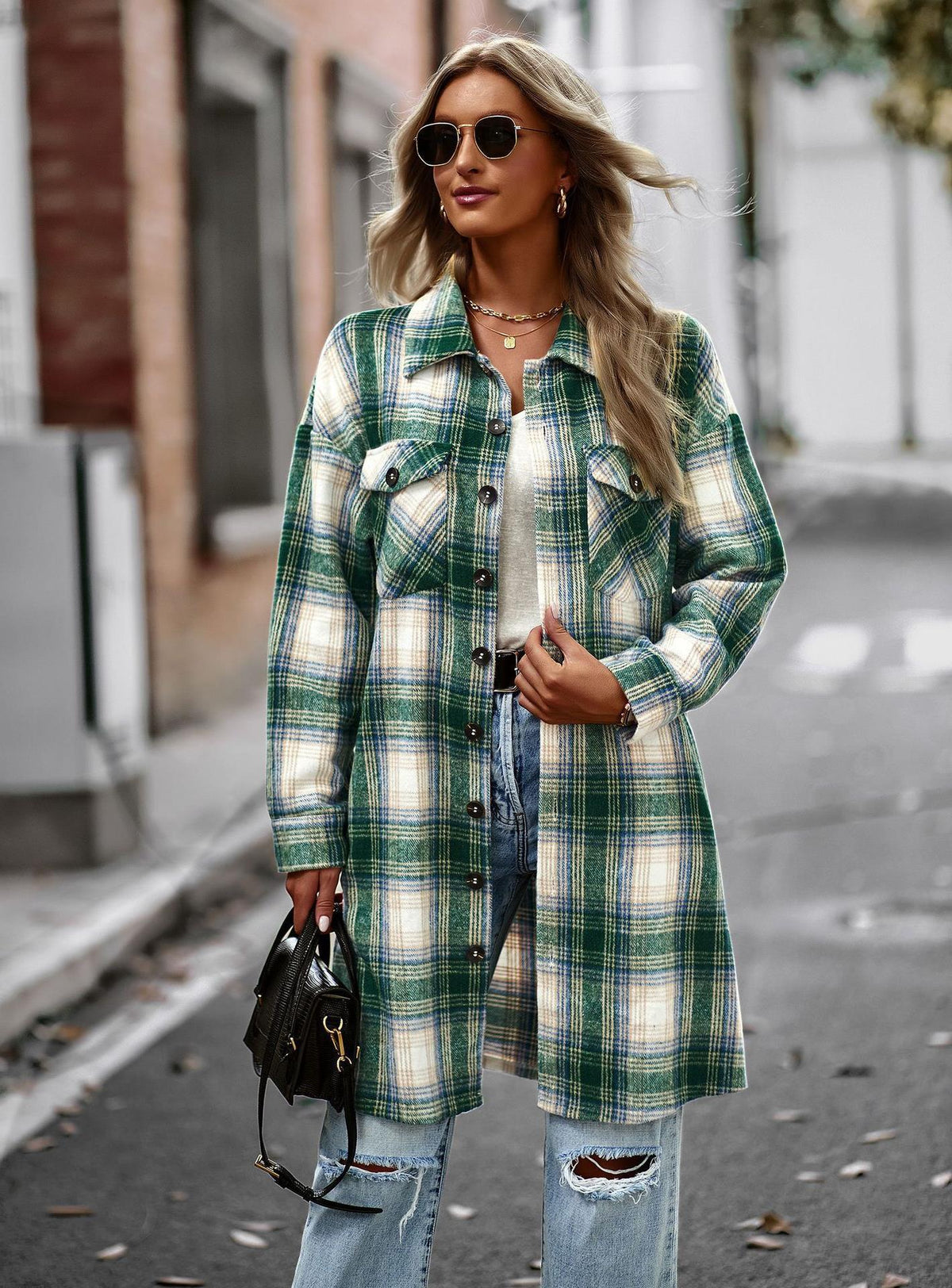 Long sleeve plaid cardigan coat in green and cream with button front and patch pockets