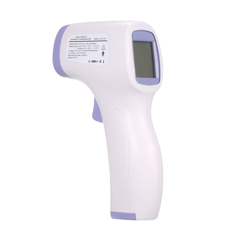 White infrared non-contact forehead thermometer with rear label panel and purple base