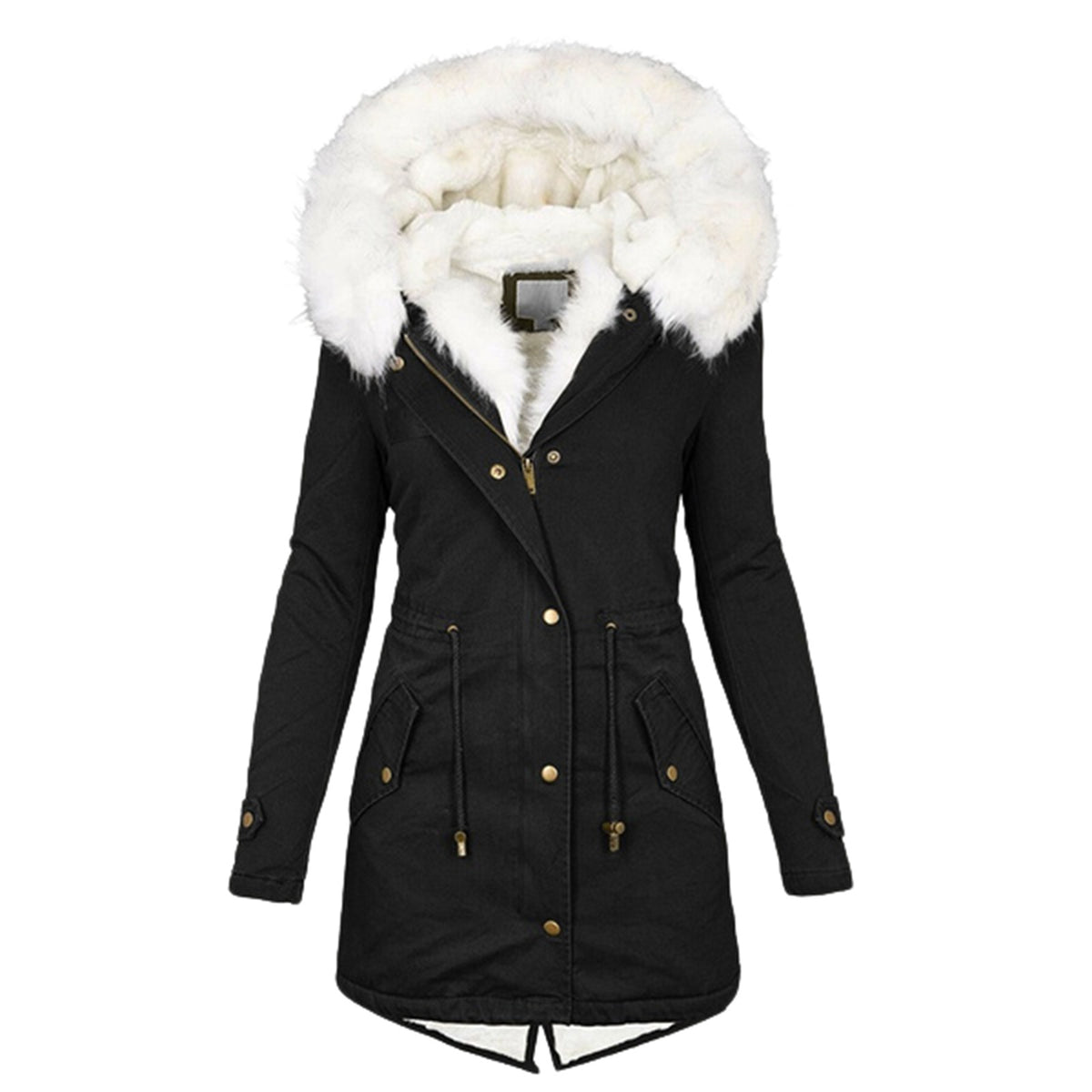 Women’s cotton padded parka, black with white faux-fur hood collar, side pockets, gold buttons.