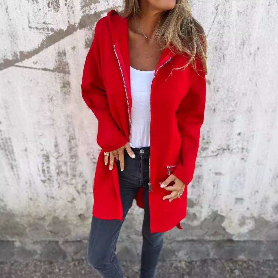 Women’s red zip-up hooded cardigan with front pockets and adjustable hood