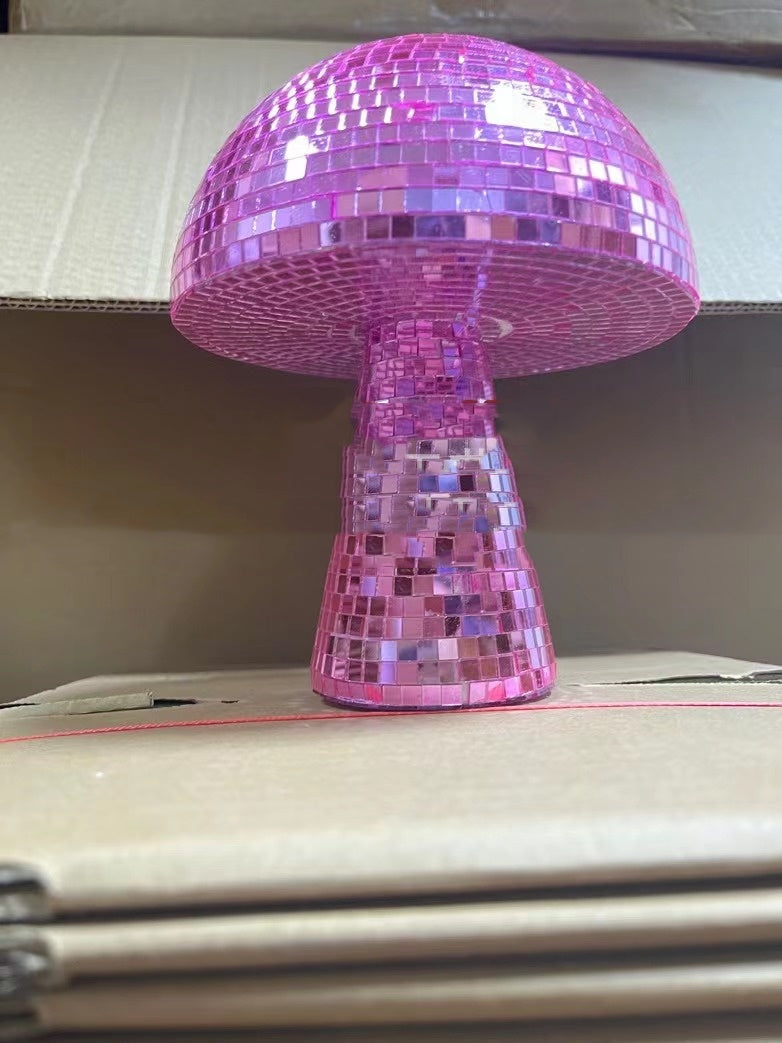 Pink mirror-glass mushroom disco ball with reflective mosaic cap and stem