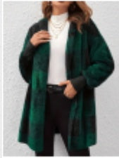 Dark green plaid knit cardigan with open front and long sleeves