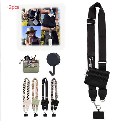Phone crossbody lanyard set, black zipper pouch with key clip and adjustable strap