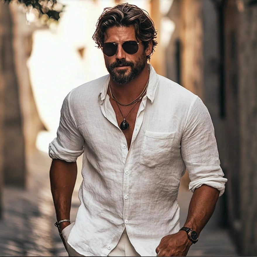 Men's Shirt Lapel Breathable Casual Long Sleeve Chinese Pocket