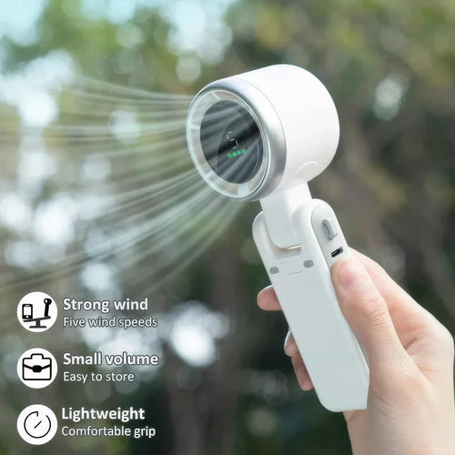 Handheld foldable turbo fan with circular air outlet and USB-C port, white case