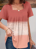 Women's pink square-neck pleated ruffle short-sleeve top, close-up of neckline and stripe
