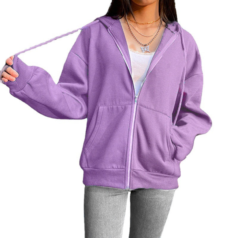 Women's hooded zip-front jacket in purple, loose fit with drawstring hood and kangaroo pocket