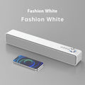 White portable Bluetooth speaker bar with grille and top control knob