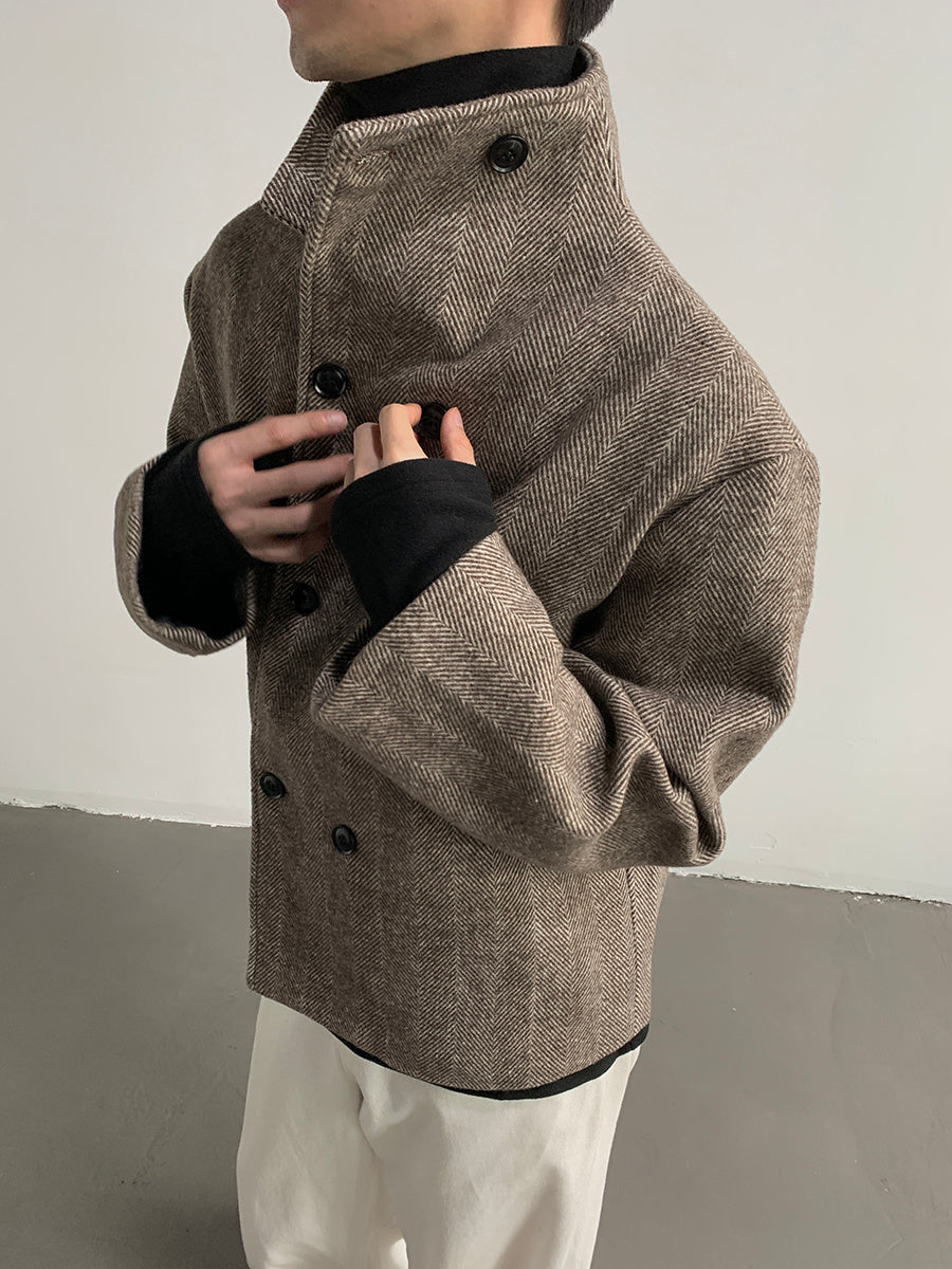 Double Breasted Stand Collar Woolen Cloth Coat Jacket