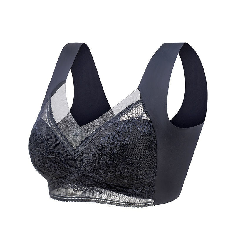 Dark navy lace wireless push-up bra with 3/4 cups and scalloped lace edge.