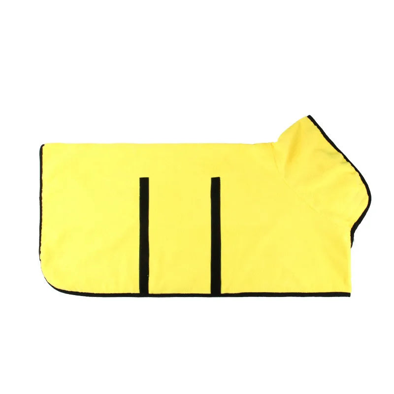 Yellow pet bathrobe towel with black center straps and side hood