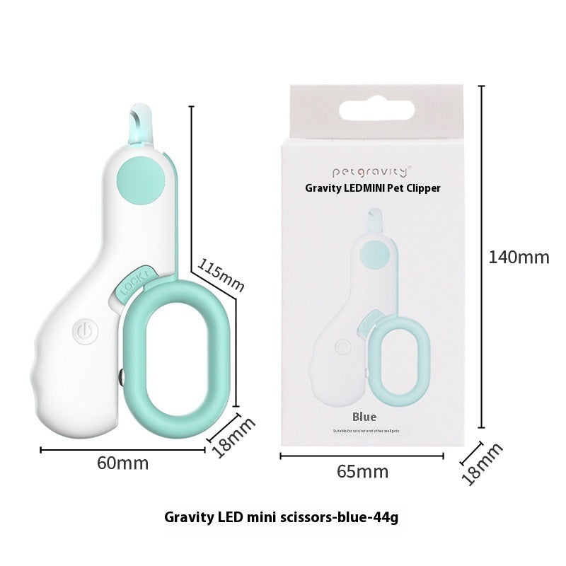 Blue LED pet nail clipper in retail box with product dimensions shown