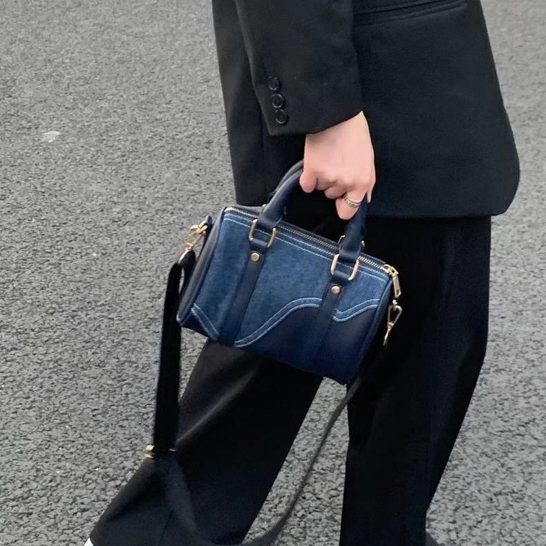 Retro Denim Patchwork PU Leather Boston Bag with Zipper Closure Crossbody for Women