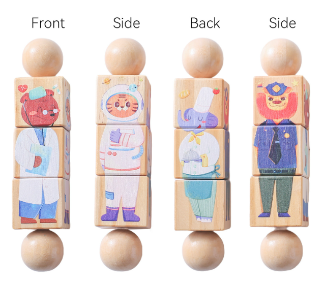 Wooden rotating animal puzzle handbell shown in front, side, and back views