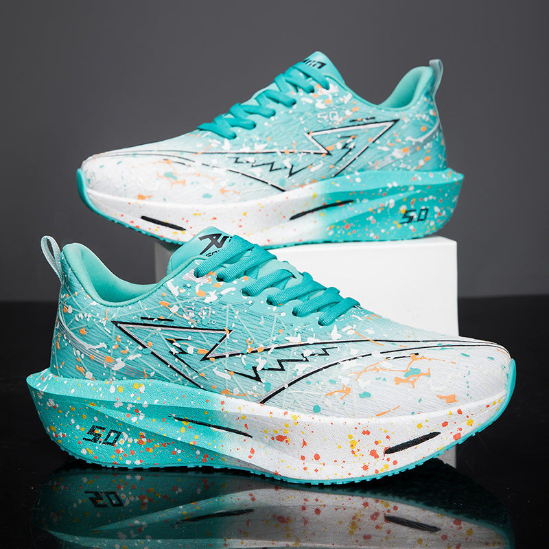 Iridescent patchwork running sneakers, turquoise with holographic splatter and black accents