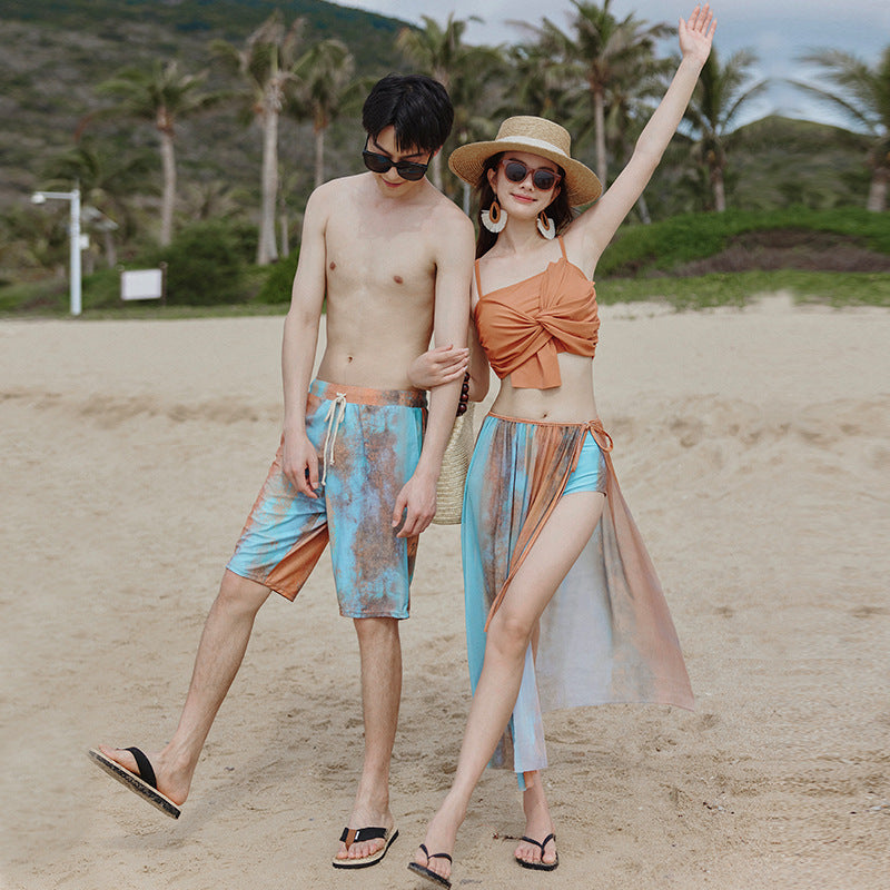 Couple Swimwear Women's Summer Bikini Three-piece Set Gathered Cover Belly Thin